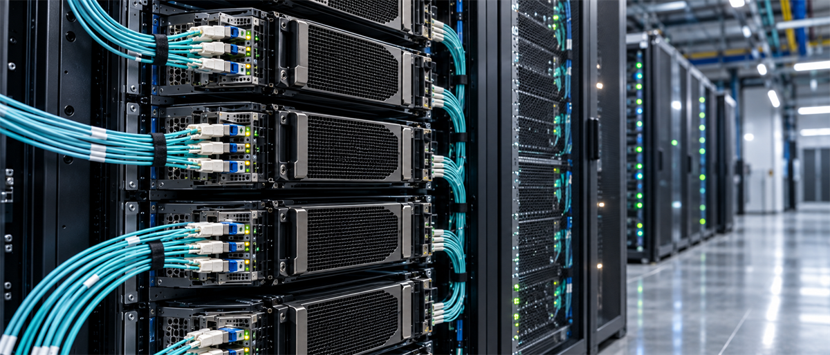 Rows of server racks with teal fiber-optic cables connected to networking equipment in a data center.