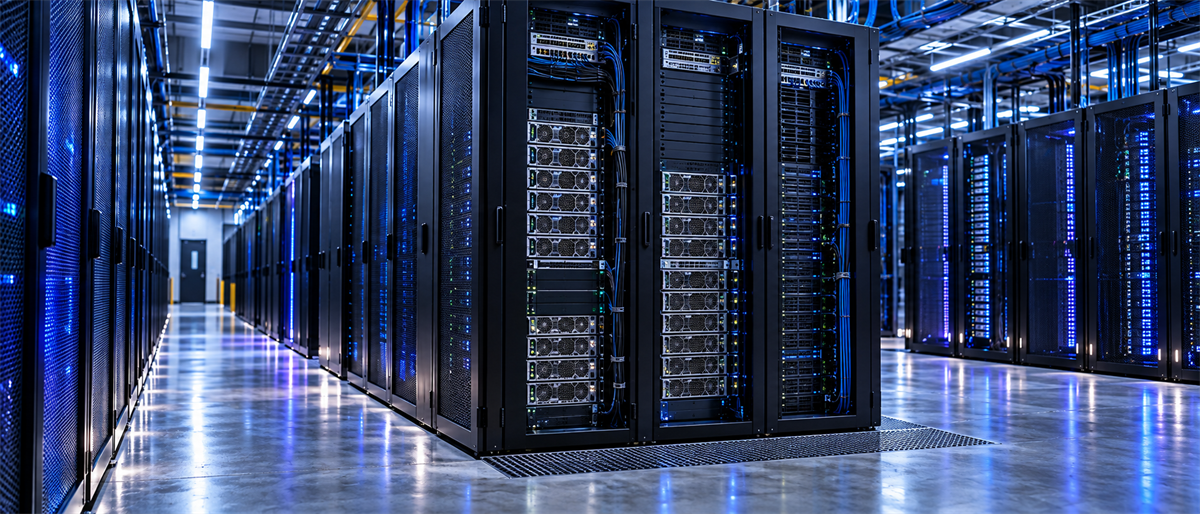 Rows of open server racks with illuminated blue cabling in a data center aisle.