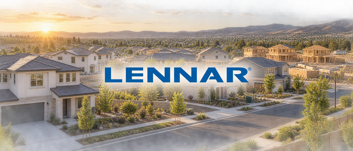Lennar logo overlaid on a residential neighborhood with completed homes and houses under construction at sunset.