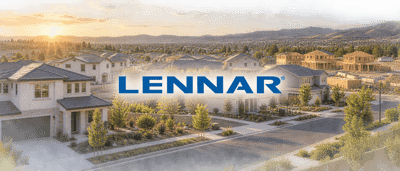 Lennar logo overlaid on a residential neighborhood with completed homes and houses under construction at sunset.
