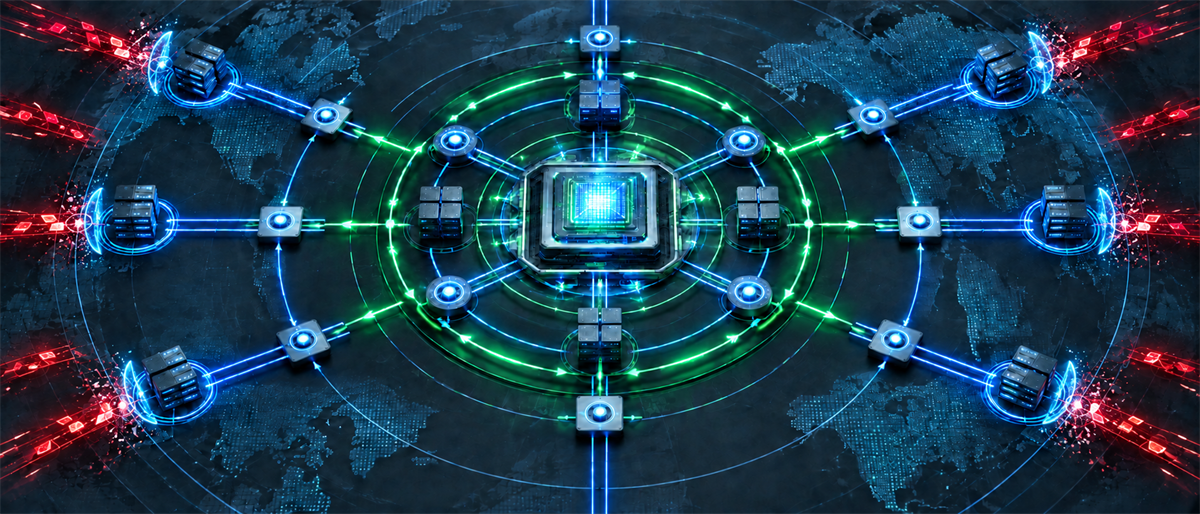 Digital illustration of a central computer chip connected by glowing blue and green lines to server nodes over a world map.