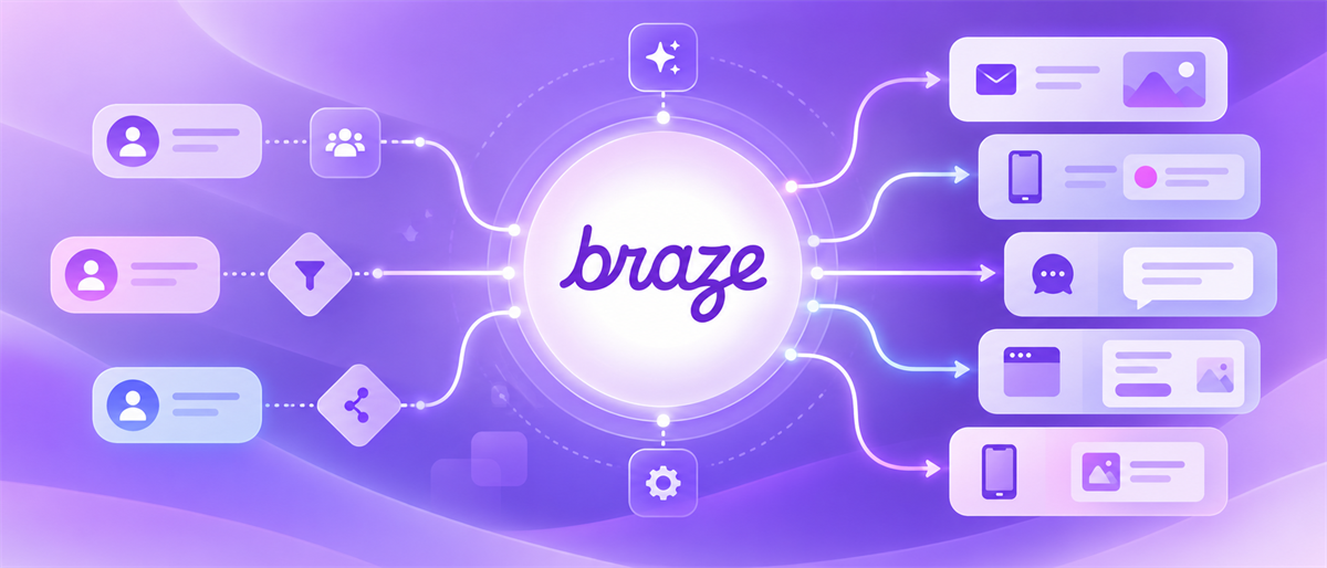 Illustration of the Braze logo at the center of a diagram connecting customer data icons to email, mobile, and messaging channels.