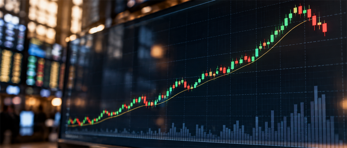 Digital screen displaying a candlestick stock price chart trending upward, with trading data boards blurred in the background.