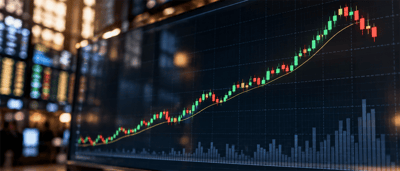 Digital screen displaying a candlestick stock price chart trending upward, with trading data boards blurred in the background.