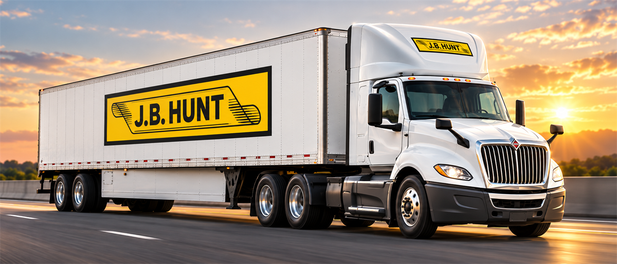 A white J.B. Hunt semi-truck and trailer with the company logo driving on a highway at sunset.