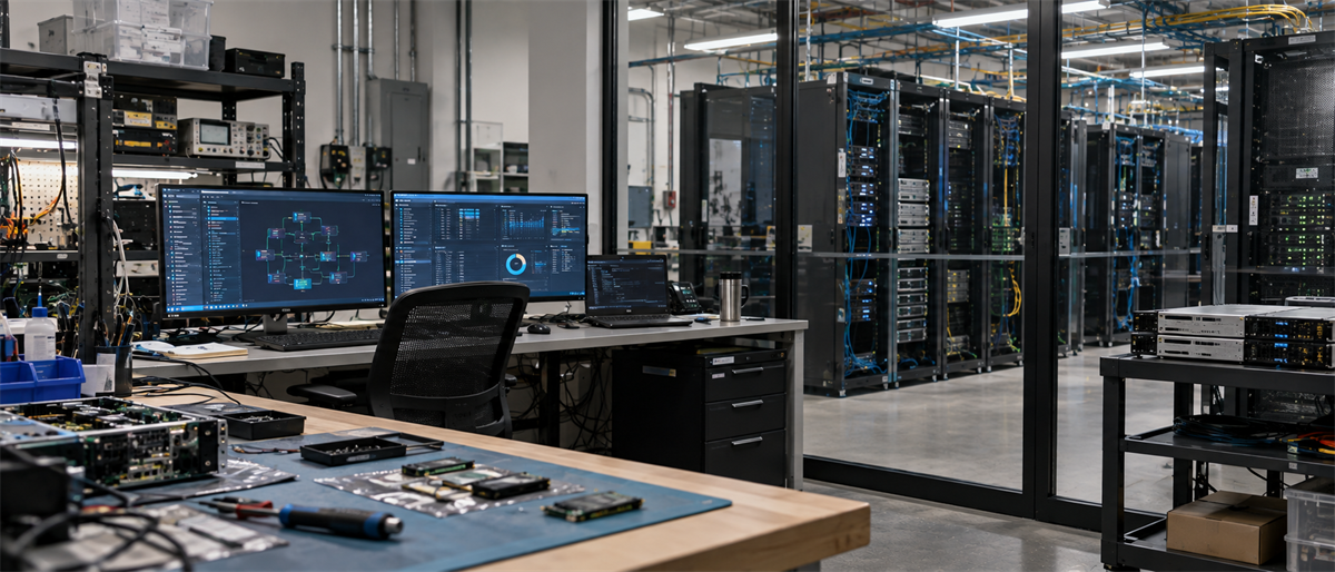 A workstation with computer monitors and circuit boards sits near a glass-walled data center with server racks.
