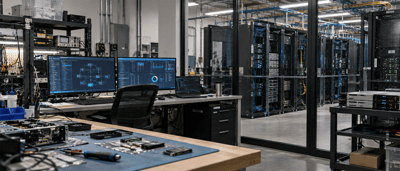 A workstation with computer monitors and circuit boards sits near a glass-walled data center with server racks.