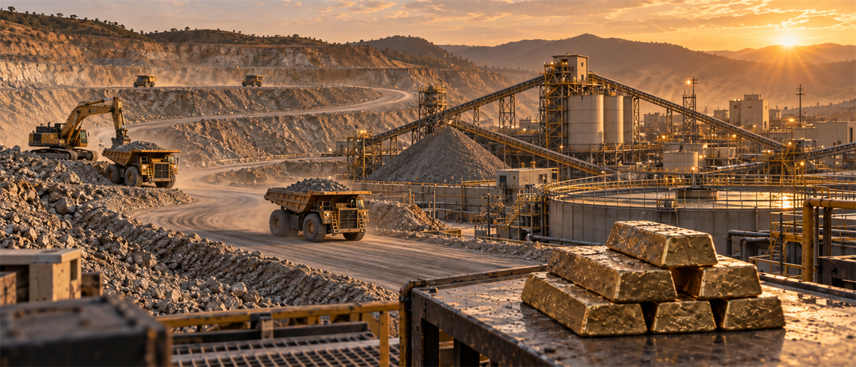 Open-pit gold mine at sunset with haul trucks, processing plant, and stacked gold bars in foreground.