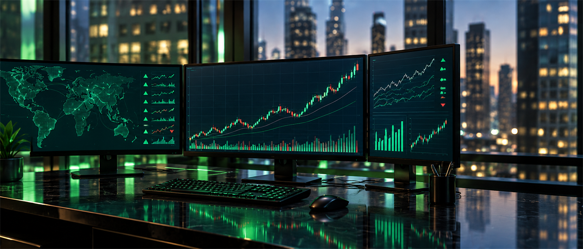 Multi-monitor trading desk displaying candlestick stock charts, a world map, and line graphs against a nighttime city skyline.