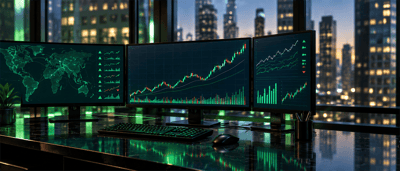 Multi-monitor trading desk displaying candlestick stock charts, a world map, and line graphs against a nighttime city skyline.