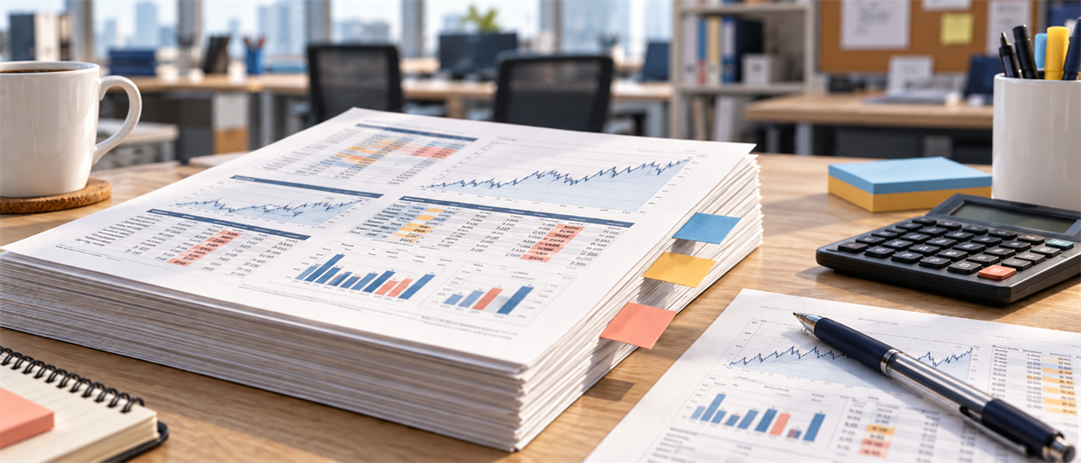 Stack of printed financial reports with charts and graphs on an office desk, alongside a calculator, pen, and coffee cup.