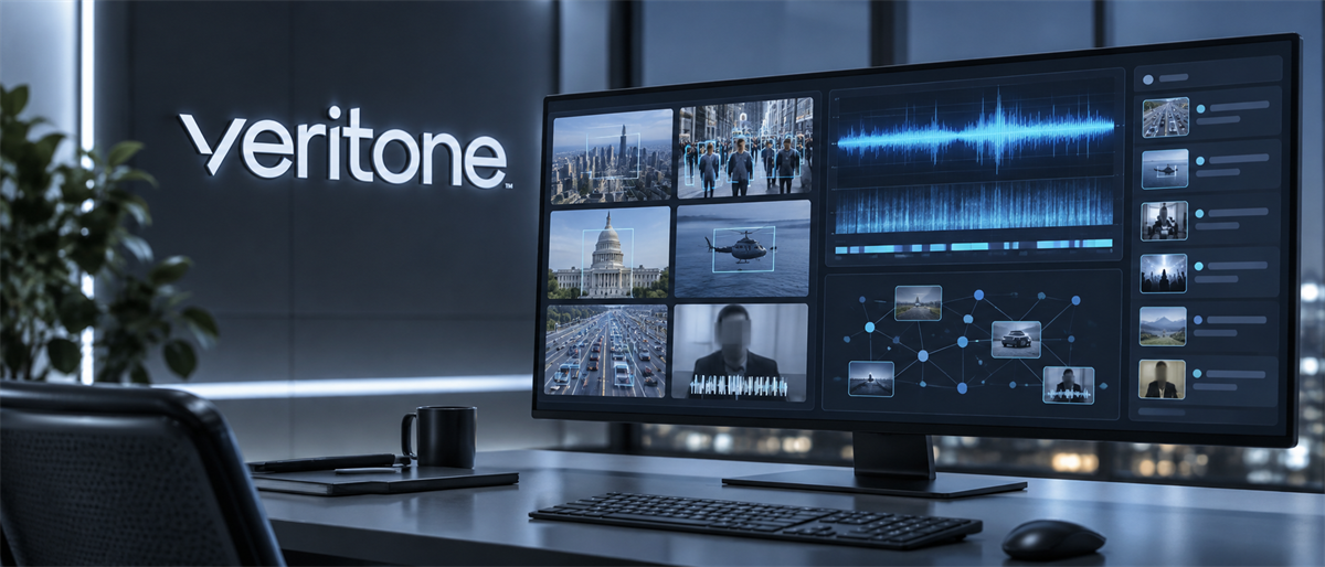 Office desk with a monitor displaying video, audio, and facial recognition data analysis alongside a lit Veritone logo on the wall.