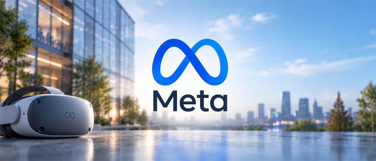 Meta logo displayed above a VR headset, with a glass office building and city skyline in the background.