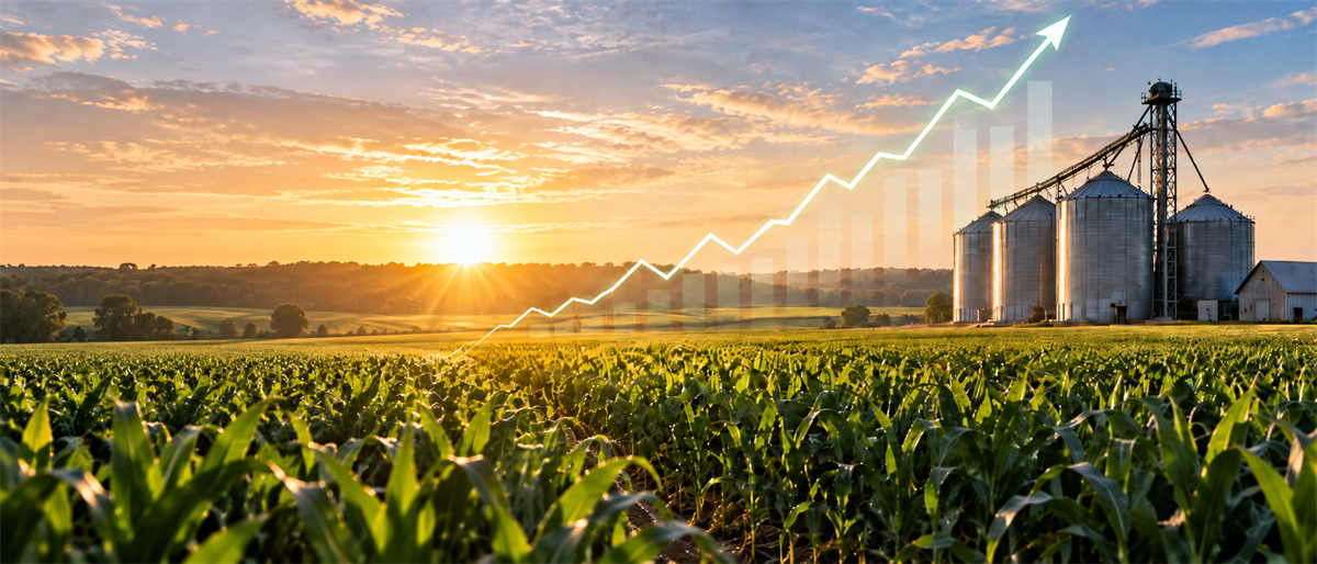 An upward-trending chart arrow is overlaid on a cornfield with grain silos at sunset, symbolizing agricultural market growth.