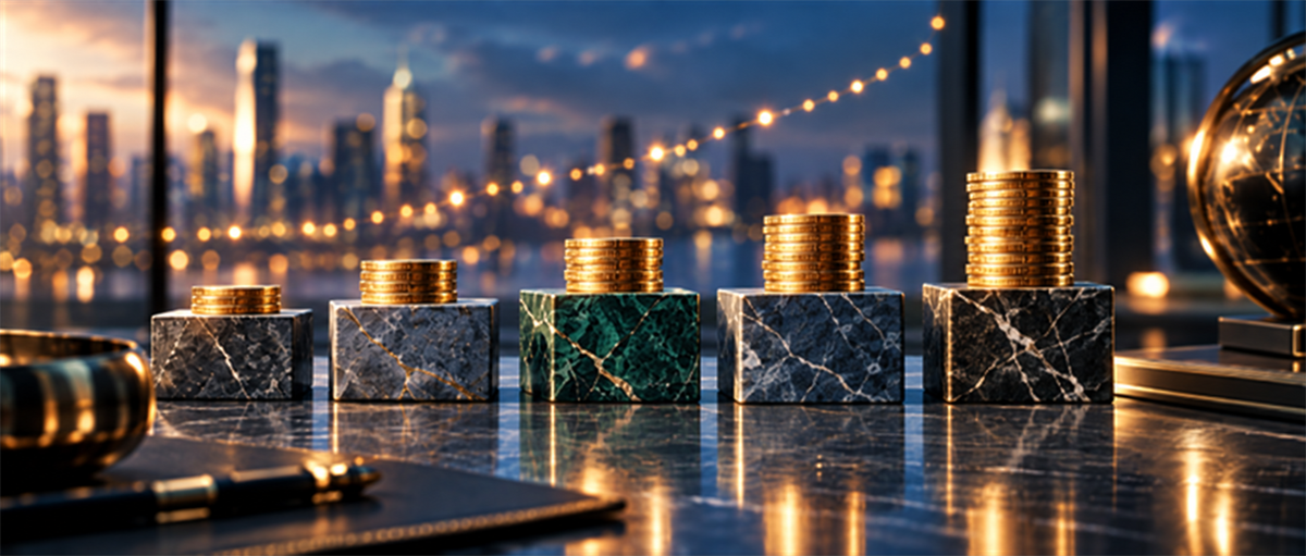 Stacks of gold coins of increasing height on marble blocks, symbolizing rising dividend growth against a city skyline.