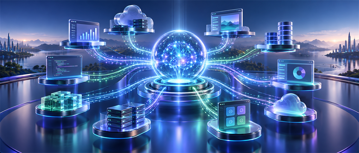 Digital illustration of a glowing central sphere connected to screens, servers, and cloud icons symbolizing cloud computing and data networks.