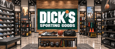 Interior of a DICK's Sporting Goods store featuring the company logo sign, shoe displays, and sports equipment shelves.