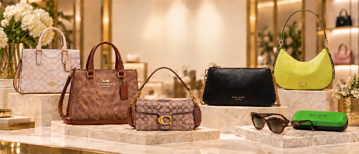Coach and Kate Spade handbags, sunglasses, and accessories displayed on a store showcase.