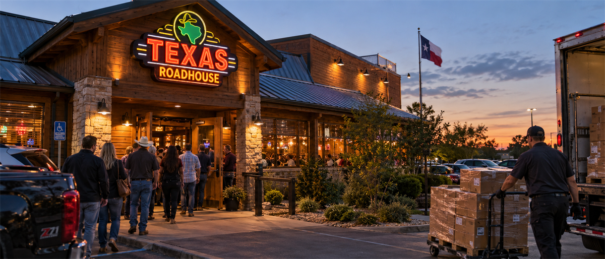 Exterior of a Texas Roadhouse restaurant at dusk with customers entering and a worker unloading boxes from a delivery truck.