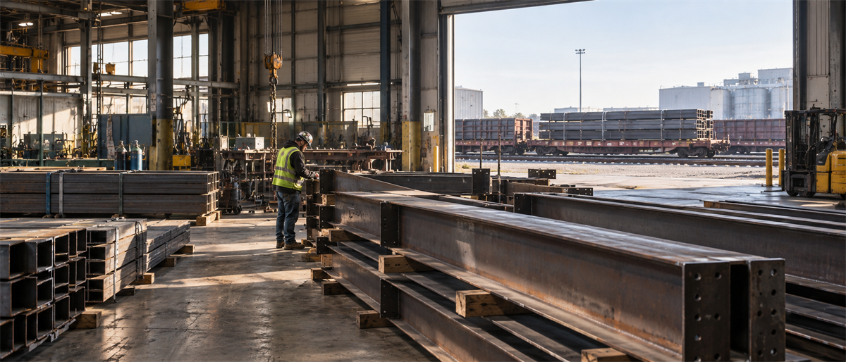 Worker in a safety vest and hard hat inspects steel beams inside a metal fabrication warehouse near rail cars.