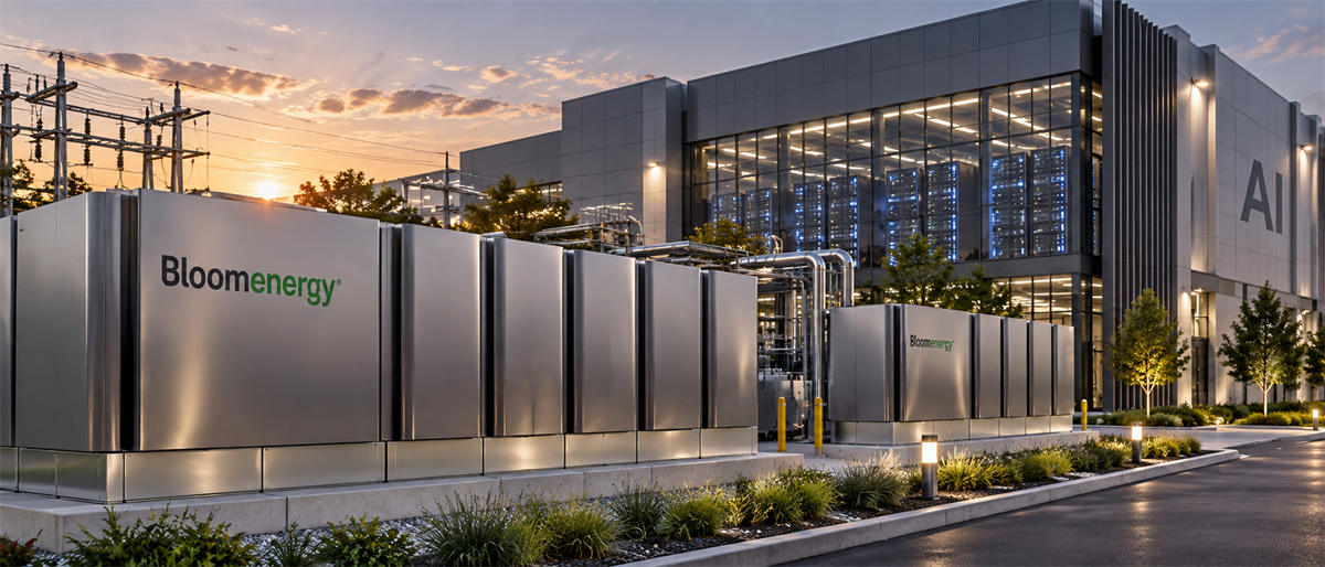 Bloom Energy fuel cell units installed outside a data center building labeled "AI" at dusk.