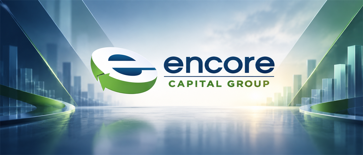 Encore Capital Group logo displayed against a digital background with stylized bar chart graphics on both sides.