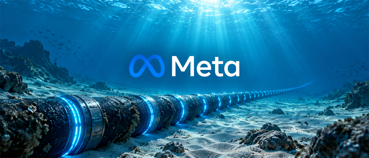 Meta logo above an illustration of an undersea fiber-optic cable resting on the ocean floor.