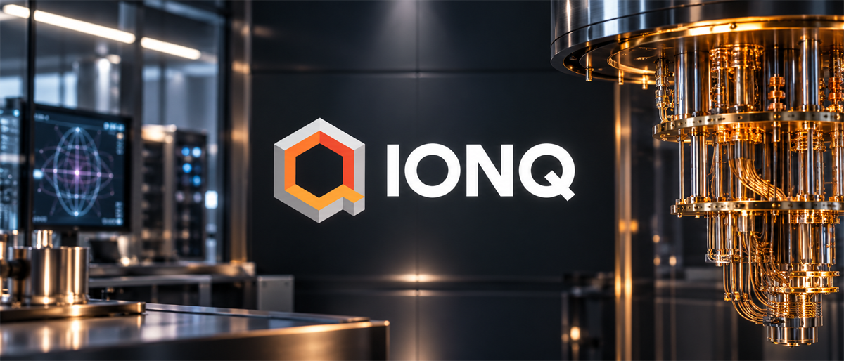IonQ logo displayed on a wall in a lab setting with a quantum computing chandelier apparatus nearby.