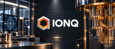 IonQ logo displayed on a wall in a lab setting with a quantum computing chandelier apparatus nearby.
