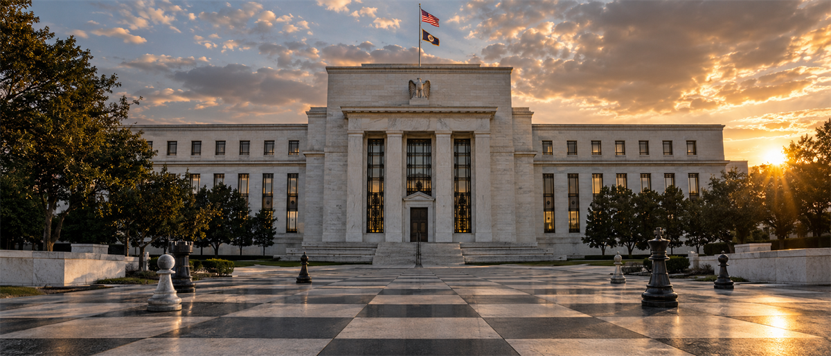 The Federal Reserve building in Washington, D.C. at sunset, with a chessboard-patterned plaza in the foreground.