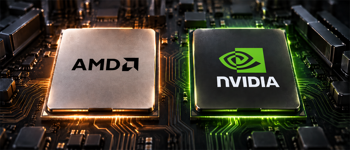 AMD and NVIDIA logos displayed on computer processor chips mounted on a circuit board.