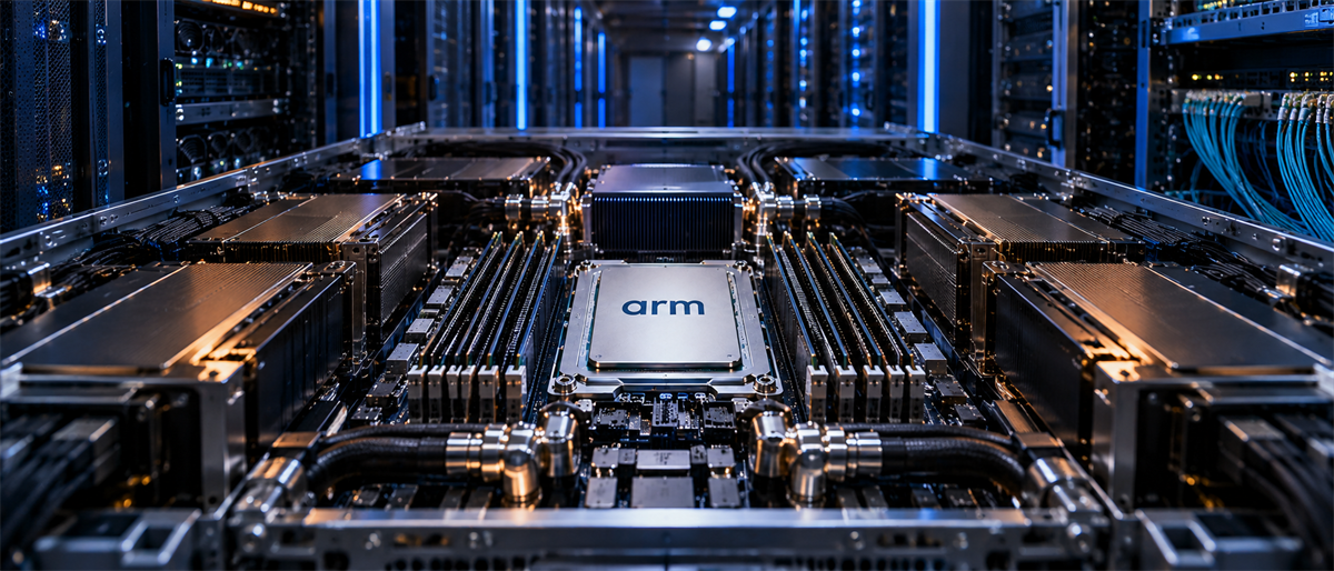 Server hardware in a data center rack featuring a processor chip labeled with the Arm logo.