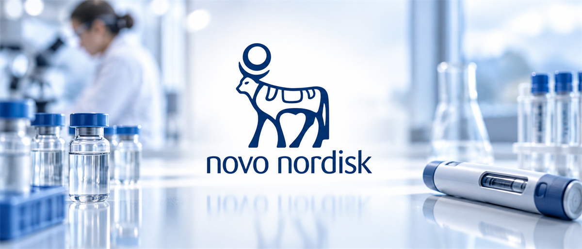 Novo Nordisk logo displayed in a laboratory setting with vials, an insulin pen, and a researcher in the background.