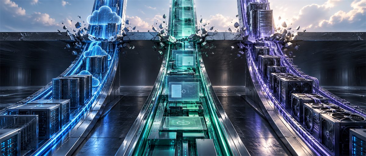 Digital illustration of three glowing pathways in blue, green, and purple lined with server racks and computing hardware.