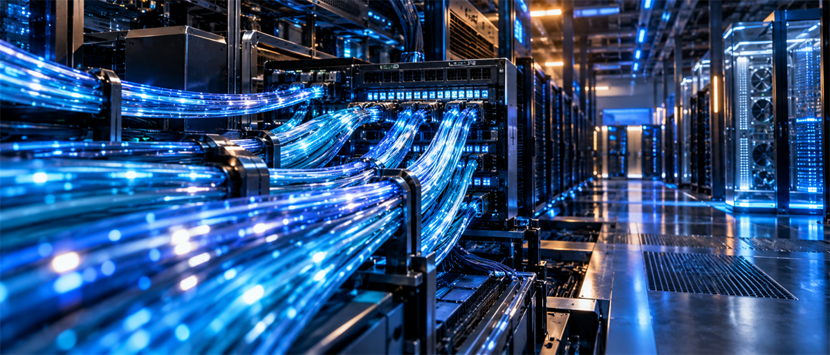 Data center aisle with illuminated blue fiber optic cables connecting to server racks and network equipment.