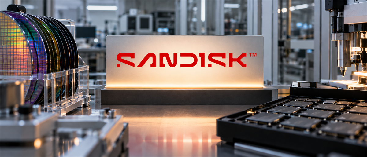 Illuminated SanDisk logo sign displayed in a semiconductor manufacturing facility with silicon wafers and chip trays nearby.