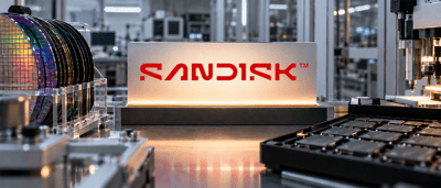 Illuminated SanDisk logo sign displayed in a semiconductor manufacturing facility with silicon wafers and chip trays nearby.