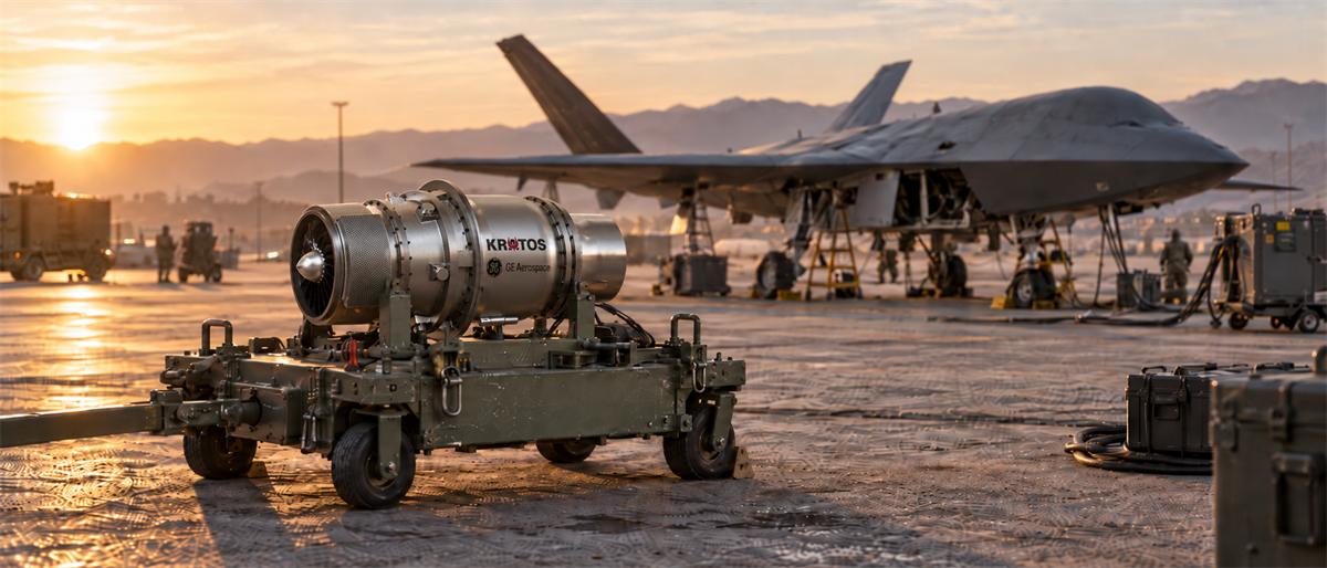 A Kratos GE Aerospace jet engine on a mobile cart sits near an unmanned military aircraft on a flight line at sunset.