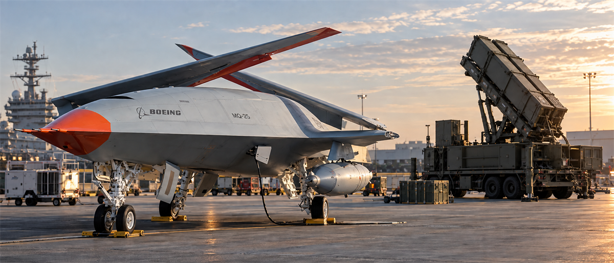 Boeing MQ-25 unmanned aircraft parked on a tarmac near a Lockheed Martin missile launcher and naval vessel.