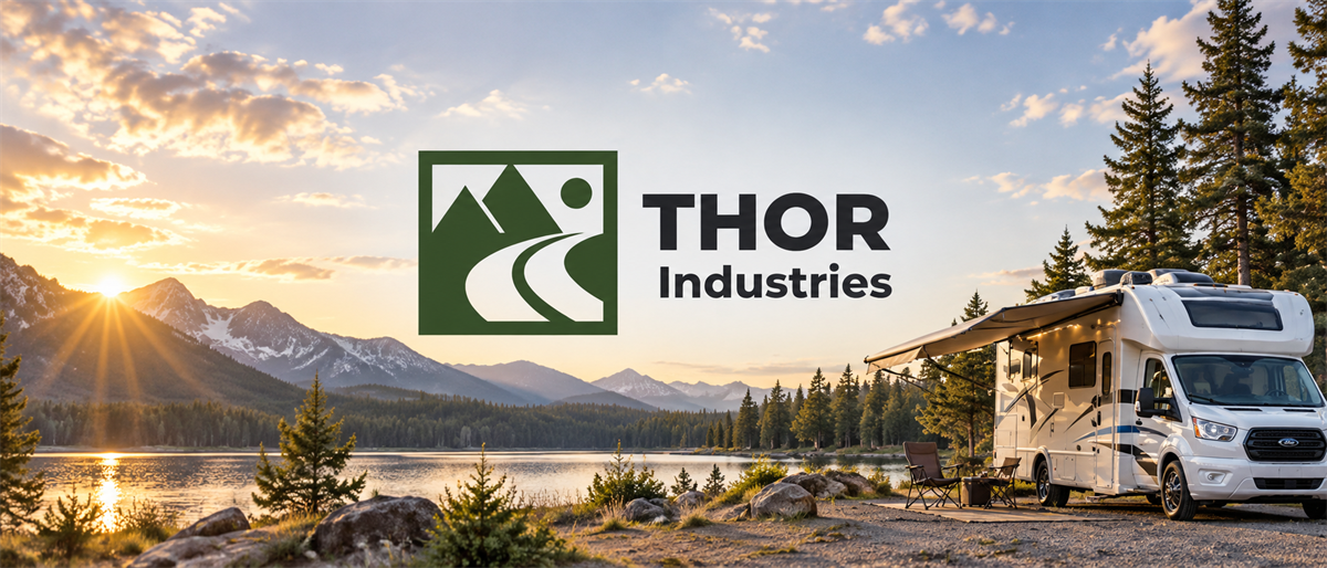 Thor Industries logo displayed beside a parked RV at a lakeside campsite with mountains at sunset.