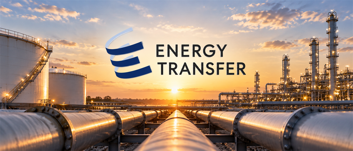 Energy Transfer logo over a sunset scene with storage tanks, pipelines, and a refinery facility.