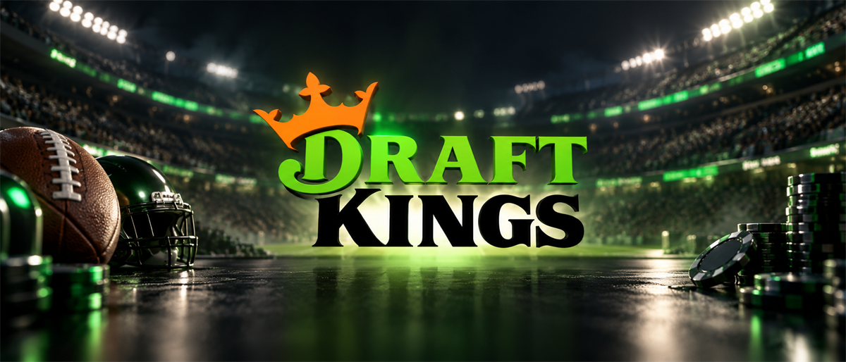 DraftKings logo with a football, helmet, and poker chips displayed in a stadium setting.