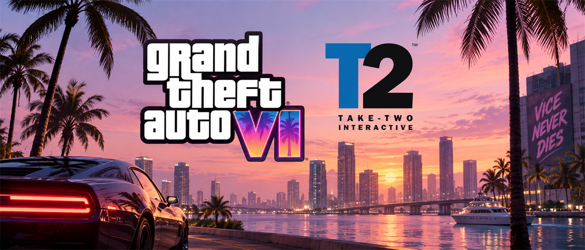 Grand Theft Auto VI and Take-Two Interactive (T2) logos over a city skyline at sunset with palm trees.