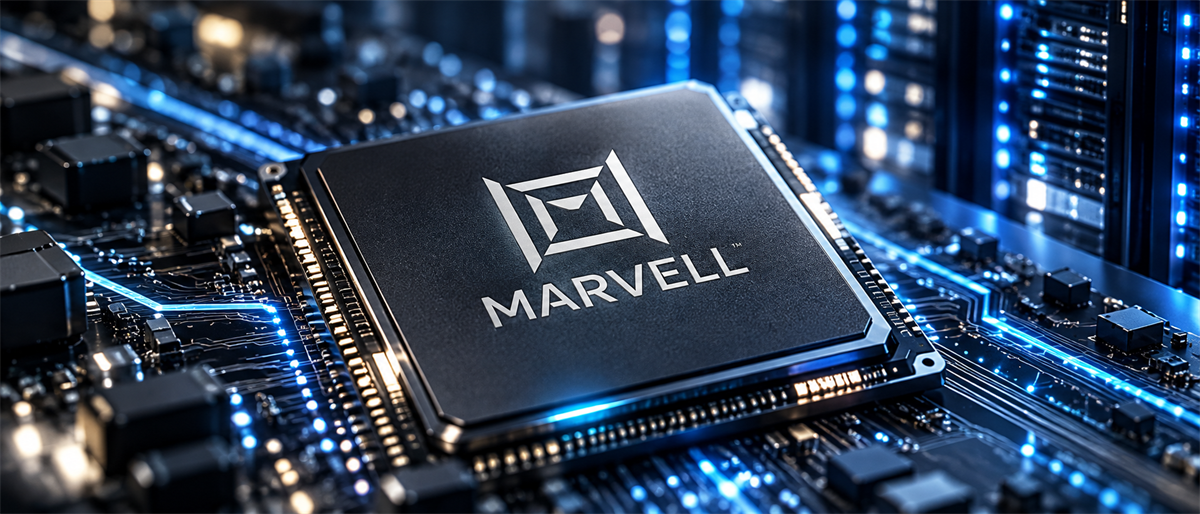 A Marvell-branded semiconductor chip sits on a circuit board illuminated by blue lights.