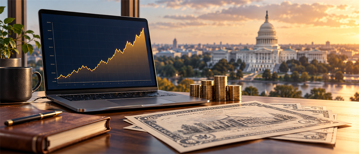 Laptop showing an upward-trending stock price chart on a desk with cash, coins, and the U.S. Capitol in the background.