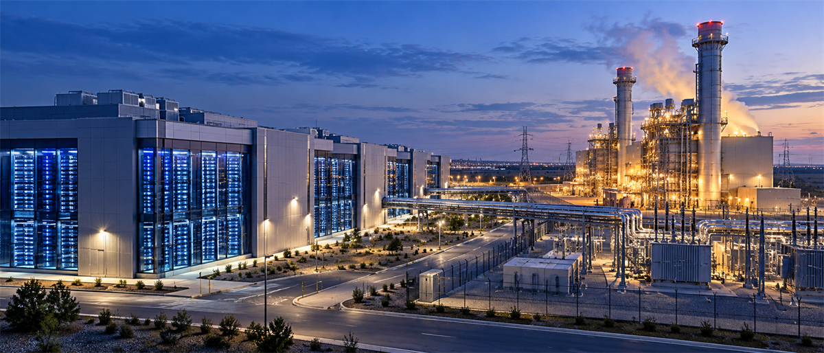 Illuminated data center building with glowing server racks stands beside an adjacent power plant at dusk.