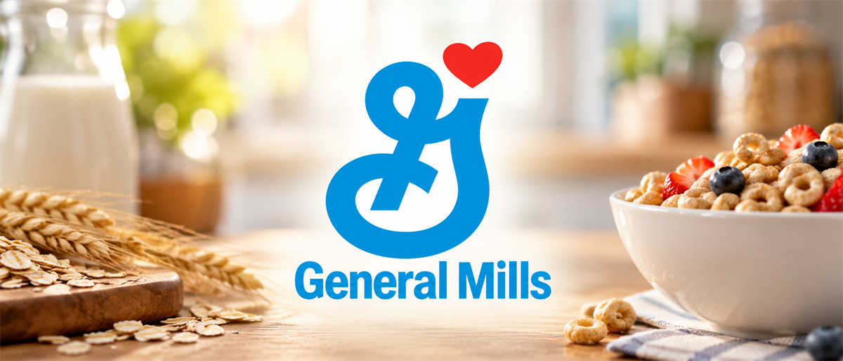 General Mills logo displayed above a bowl of cereal with berries, milk, and wheat grains on a table.