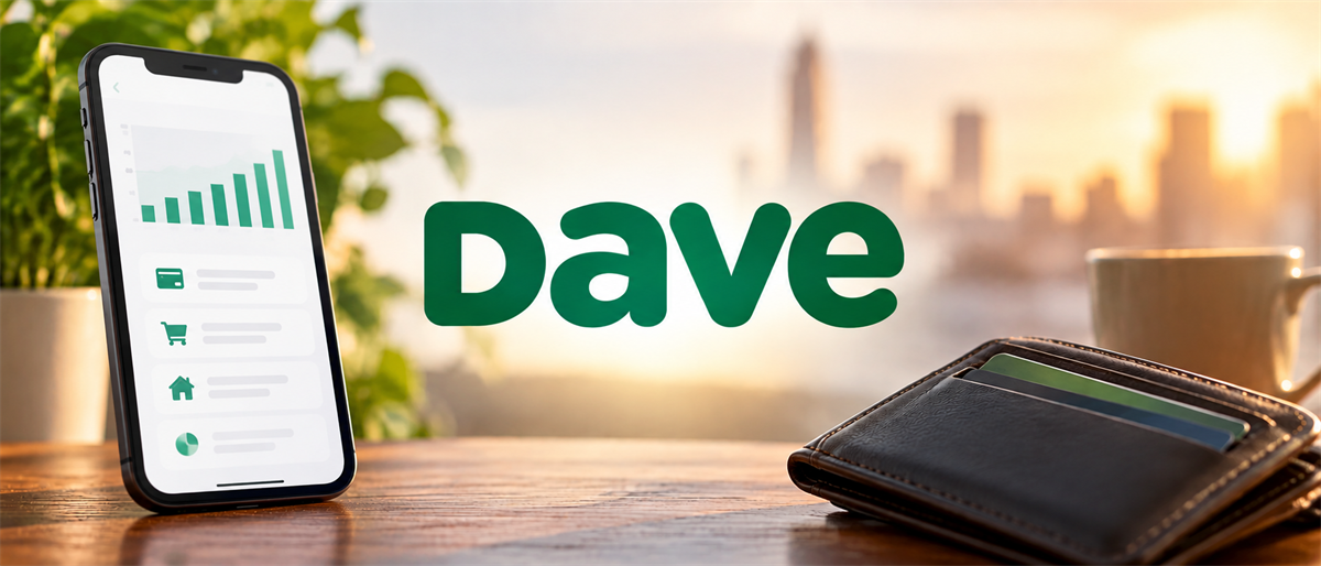 Dave logo beside a smartphone showing a financial app with a bar chart, plus a wallet on a table.
