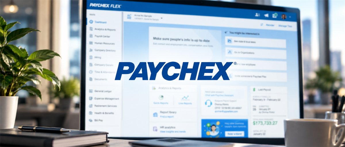 Computer screen displaying the Paychex logo over the Paychex Flex payroll and HR dashboard interface on a desk.