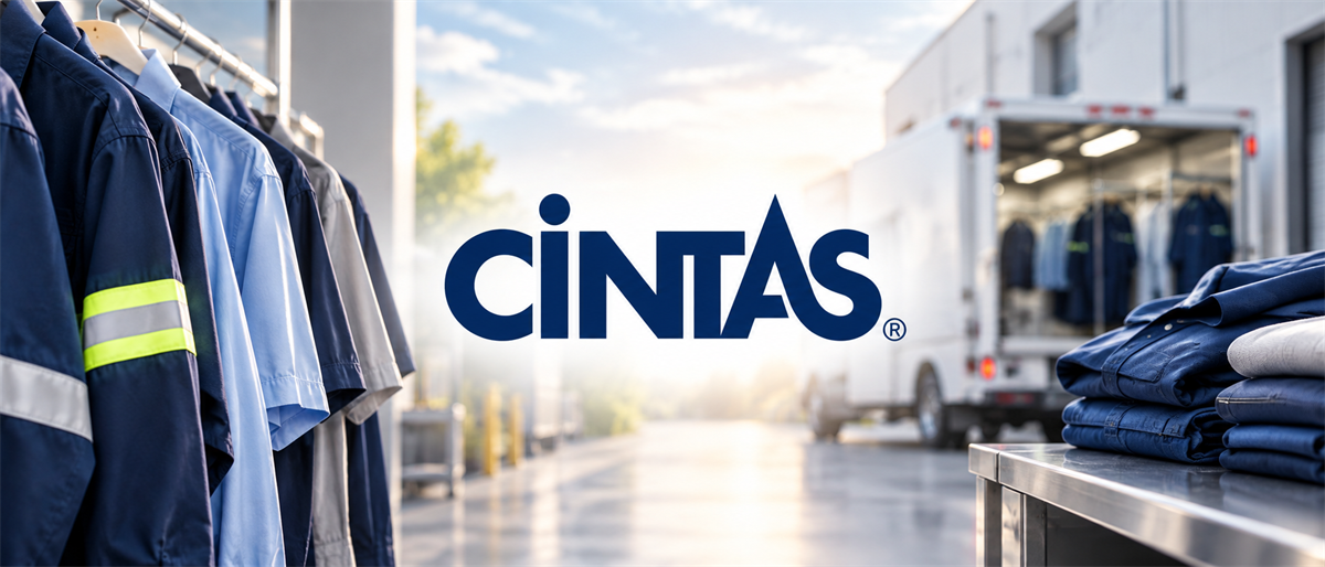 Cintas logo displayed over a delivery truck and racks of uniforms, with folded shirts on a table.